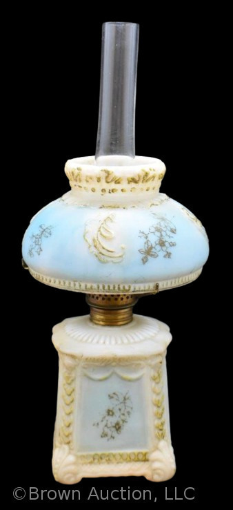 Porcelain embossed 7.5" miniature oil lamp, blue shading