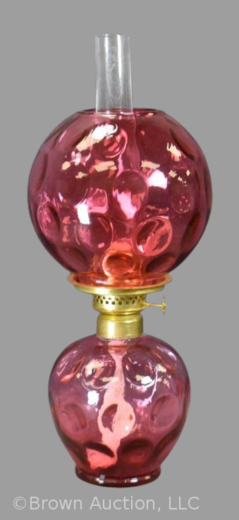 Victorian cranberry Inverted Thumbprint 8.5" miniature oil lamp