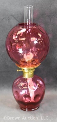 Victorian cranberry Inverted Thumbprint 8.5" miniature oil lamp - 3