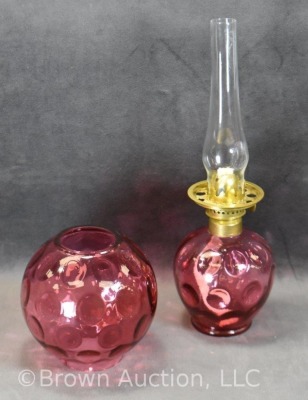 Victorian cranberry Inverted Thumbprint 8.5" miniature oil lamp - 5