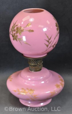 Pink cased glass miniature oil lamp with enameled gold flowers - 2