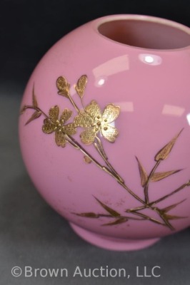 Pink cased glass miniature oil lamp with enameled gold flowers - 6