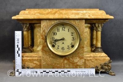 Seth Thomas faux marble mantle clock, metal paw feet - 12