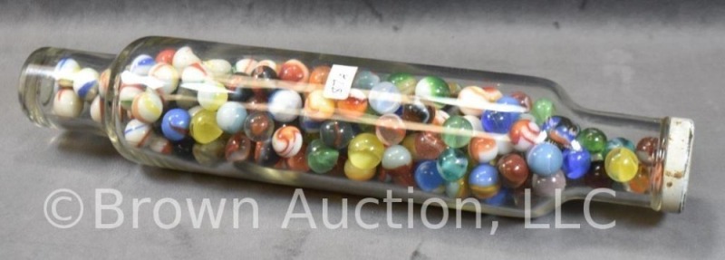 Glass rolling pin w/ Roll-Rite lid - full of mixed marbles