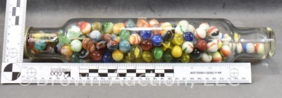 Glass rolling pin w/ Roll-Rite lid - full of mixed marbles - 5