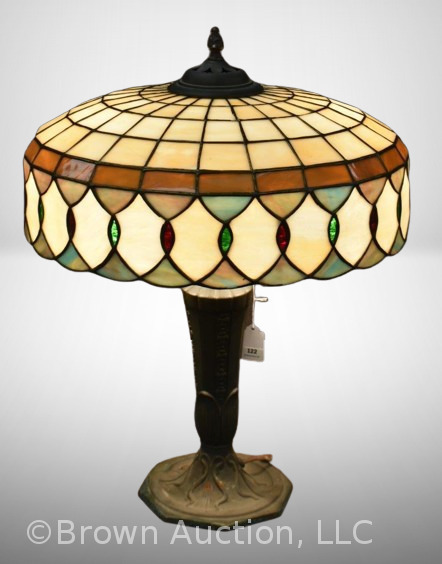 Lamb Brothers and Greene leaded/stained glass electrified lamp with cast base