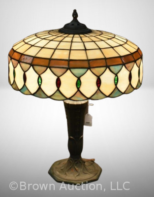 Lamb Brothers and Greene leaded/stained glass electrified lamp with cast base