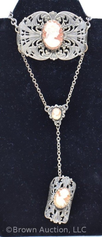 Most unique lady cameo 3-part necklace, ornate frame work