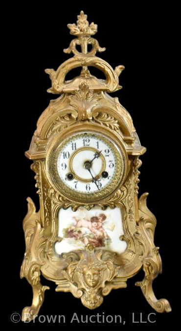 Waterbury ormolu gold gilt mantel clock with scenic porcelain insert - works!