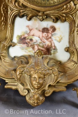 Waterbury ormolu gold gilt mantel clock with scenic porcelain insert - works! - 3