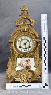 Waterbury ormolu gold gilt mantel clock with scenic porcelain insert - works! - 10