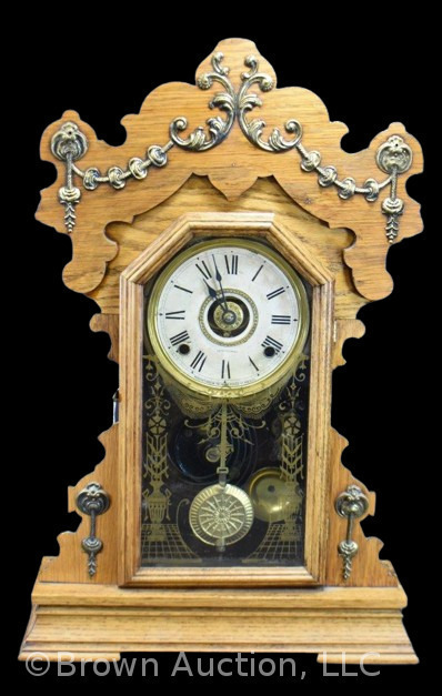 Seth Thomas oak mantle clock, fancy metal applied decorations