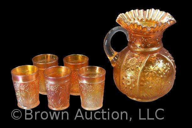 Fenton Carnival Glass Bouquet 6 pc. water set, marigold