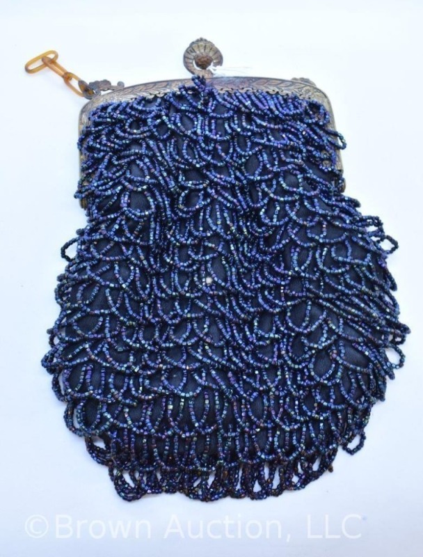 Vintage cobalt irid. beaded purse, ornate frame, 7.5"l