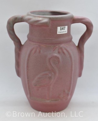 Niloak 7.5" pink Art vase w/ handles, embossed Flamingo