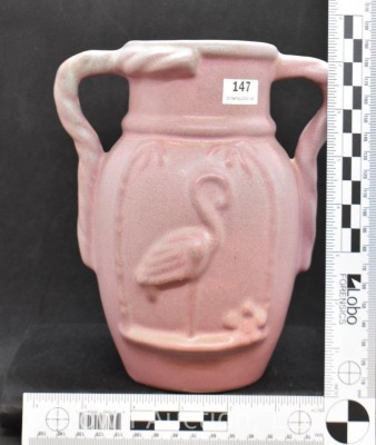 Niloak 7.5" pink Art vase w/ handles, embossed Flamingo - 7