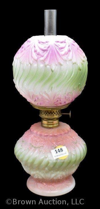 Milk Glass miniature oil lamp w/ embossed design w/ fired-on paint in pink and green, 9" tall