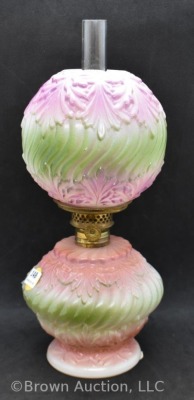 Milk Glass miniature oil lamp w/ embossed design w/ fired-on paint in pink and green, 9" tall - 2