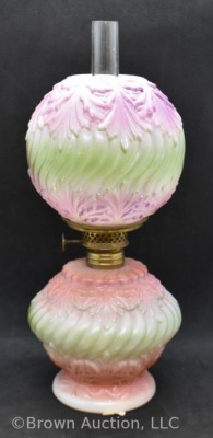 Milk Glass miniature oil lamp w/ embossed design w/ fired-on paint in pink and green, 9" tall - 3