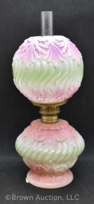 Milk Glass miniature oil lamp w/ embossed design w/ fired-on paint in pink and green, 9" tall - 4