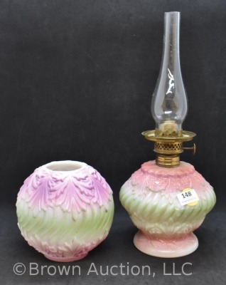 Milk Glass miniature oil lamp w/ embossed design w/ fired-on paint in pink and green, 9" tall - 5