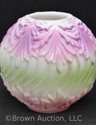 Milk Glass miniature oil lamp w/ embossed design w/ fired-on paint in pink and green, 9" tall - 6