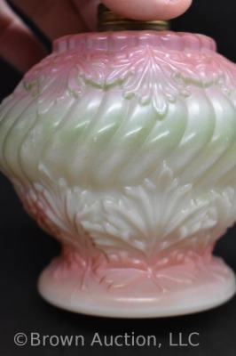 Milk Glass miniature oil lamp w/ embossed design w/ fired-on paint in pink and green, 9" tall - 7