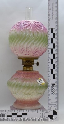 Milk Glass miniature oil lamp w/ embossed design w/ fired-on paint in pink and green, 9" tall - 9