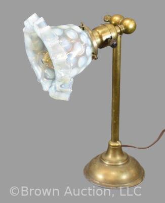 Brass desk lamp w/ Coin Dot opalescent glass shade, 13" tall