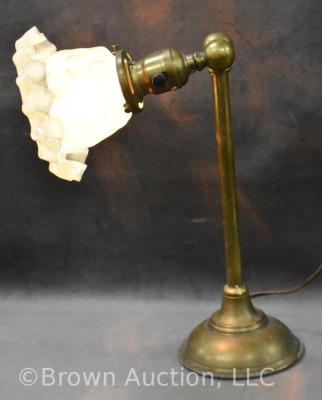 Brass desk lamp w/ Coin Dot opalescent glass shade, 13" tall - 2