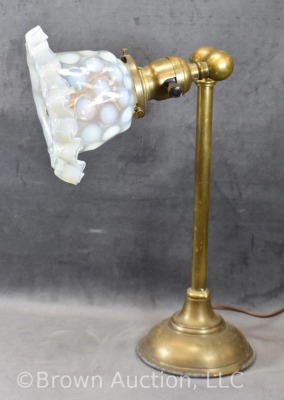 Brass desk lamp w/ Coin Dot opalescent glass shade, 13" tall - 3