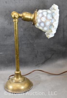 Brass desk lamp w/ Coin Dot opalescent glass shade, 13" tall - 4