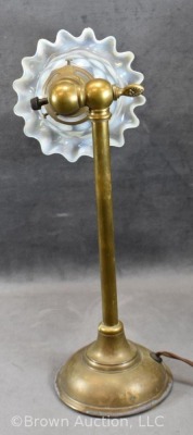 Brass desk lamp w/ Coin Dot opalescent glass shade, 13" tall - 5