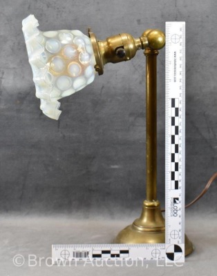 Brass desk lamp w/ Coin Dot opalescent glass shade, 13" tall - 9