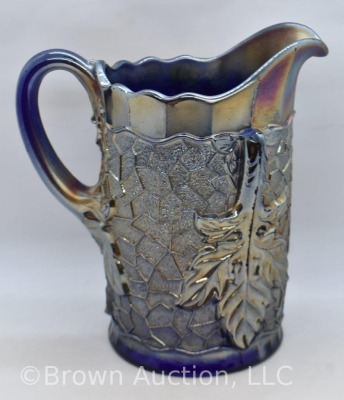 Dugan Carnival Glass Maple Leaf 8.5" pitcher, cobalt - 3