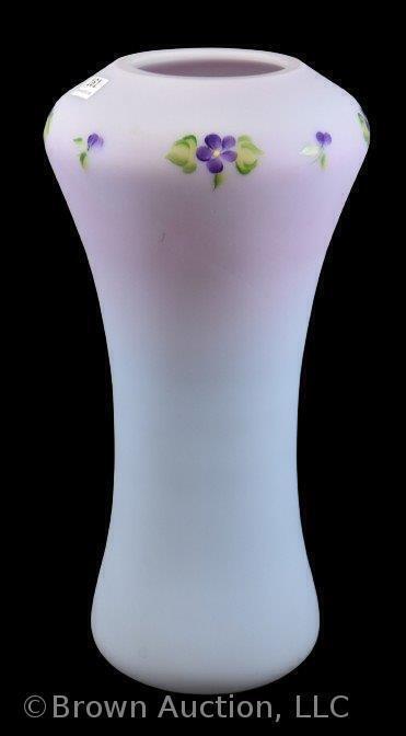 Pink to blue Fenton Burmese corset-shaped 11.5" vase, dainty purple flowers adorn top