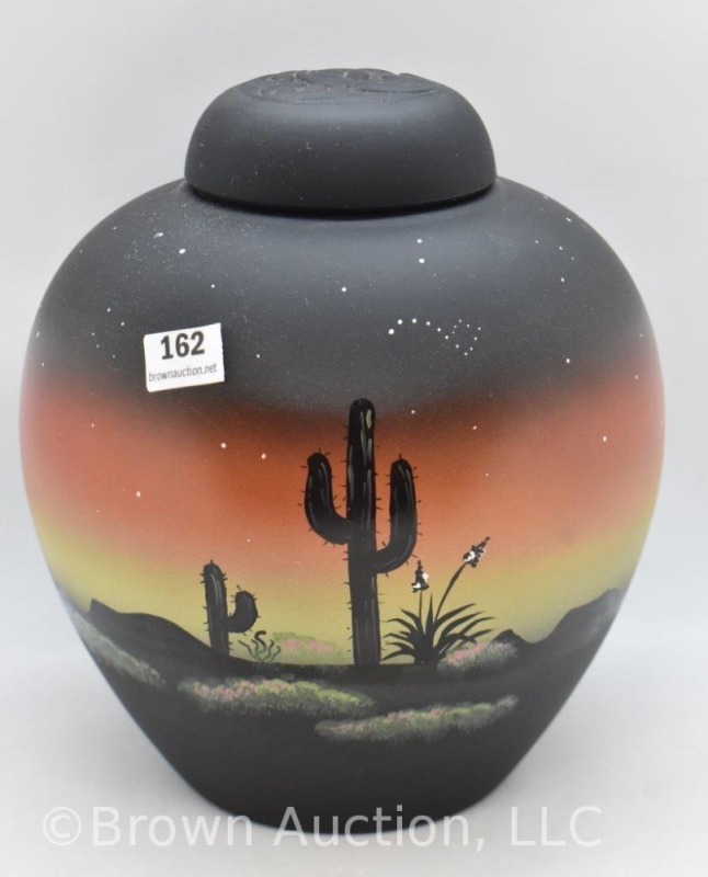 Fenton Art Glass 7" HP ginger jar w/ lid, "Peaceful Desert"