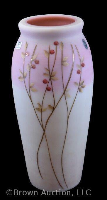 Fenton pink Burmese 12.5" vase, handpainted berries and vines