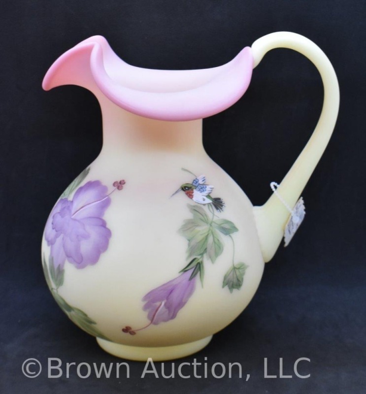 Fenton Burmese 8" pitcher with large HP purple flowers and hummingbirds