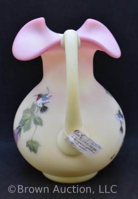 Fenton Burmese 8" pitcher with large HP purple flowers and hummingbirds - 2