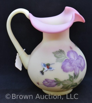 Fenton Burmese 8" pitcher with large HP purple flowers and hummingbirds - 3