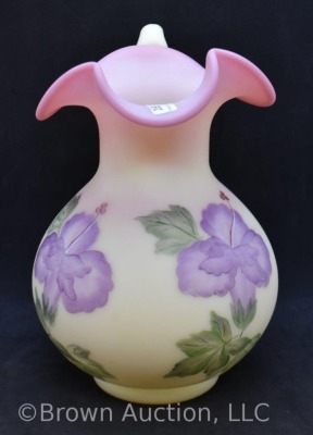 Fenton Burmese 8" pitcher with large HP purple flowers and hummingbirds - 4