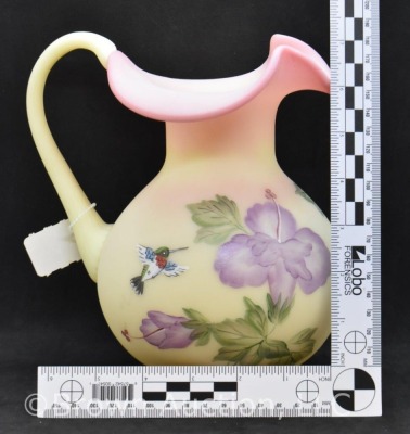 Fenton Burmese 8" pitcher with large HP purple flowers and hummingbirds - 7