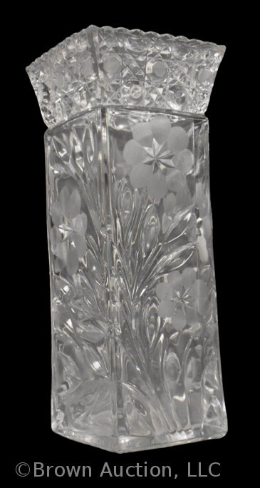 American Brilliant Cut Glass 10" vase, 4" sq. dia.