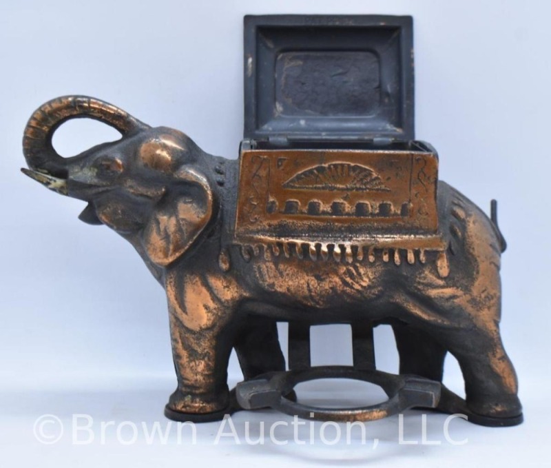 Cast Iron Elephant mechanical cigarette dispenser with ashtray holder