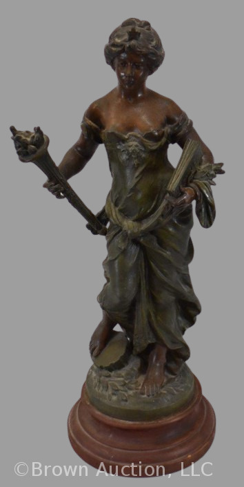 Spelter sculpture by Auguste Moreau, woman carrying torch and "Science" book, 20" tall