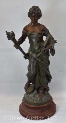 Spelter sculpture by Auguste Moreau, woman carrying torch and "Science" book, 20" tall - 2