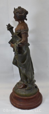 Spelter sculpture by Auguste Moreau, woman carrying torch and "Science" book, 20" tall - 3