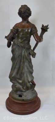 Spelter sculpture by Auguste Moreau, woman carrying torch and "Science" book, 20" tall - 4