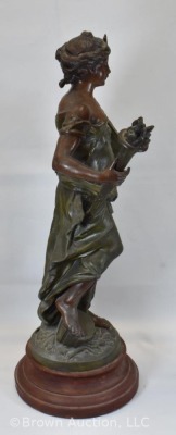 Spelter sculpture by Auguste Moreau, woman carrying torch and "Science" book, 20" tall - 5